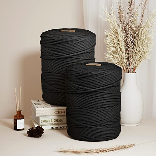 Macrame Cotton Cord 5mm x 328yds, ZUEXT Natural Handmade Black Braided Cords 4 Strands Knitted Rope String for Craft Wall Hanging Weaving Tapestry Dream Catchers Hanger DIY Gift (300m) - color: Black, style: 5mm x 300m