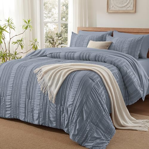 DHSFKBE Blue Tufted Comforter Set King Size 7 Piece Bed in a Bag，Shabby Chic Boho Bedding for Bedroom Comforter，All Season Soft Microfiber Ruffle Comforter Set with Pillow and Sheets - color: Blue, size: King