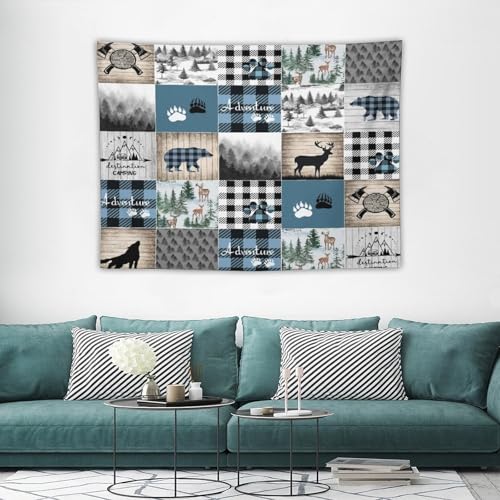 ZhiRain Deer Bear Tapestry Wall Hanging Wild Animals Wolf Hunting Adventure Geometric Plaids Pines Rustic Retro Tapestries Home Decor for Living Room Bedroom Farmhouse Apartment 30"x40" - color: Cabin-12, size: 30"L x 40"W