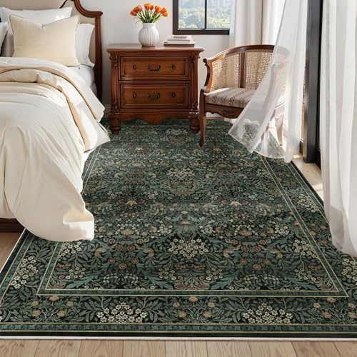 6x9 Floral Washable Area Rug for Living Room, Vintage Boho Large Rug for Bedroom Dining Room， Distressed Botanical Birds Non Slip Low Pile Forest Animal Throw Carpet for Farmhouse Office, Dark Green - color: Dark Green, size: 6' x 9' (Rectangular)
