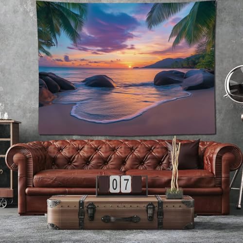 keowhsf Beach Sunset Ocean Tapestry – Tropical Palm Trees Wall Decor with Warm Orange Sky, Summer Seaside Landscape Wall Hanging for Bedroom Living Room Dorm - color: SunsetBeach, size: 80"L x 60"W