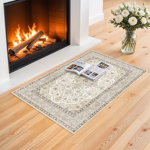HILORUUG Washable Area Rug 2x3 - Entryway Living Room Large Indoor Rugs Soft Oriental Vintage Bedroom Rugs Non-Slip Backing Stain Resistant for Farmhouse Kitchen-2x3 Ivory - color: Ivory, size: 2' x 3' (Rectangular)