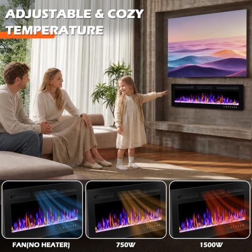 BETELNUT 60" Electric Fireplace Wall Mounted and Recessed with Remote Control, 750/1500W Ultra-Thin Wall Fireplace Heater W/Timer Adjustable Flame Color and Brightness, Log Set & Crystal Options - size: 60 Inch