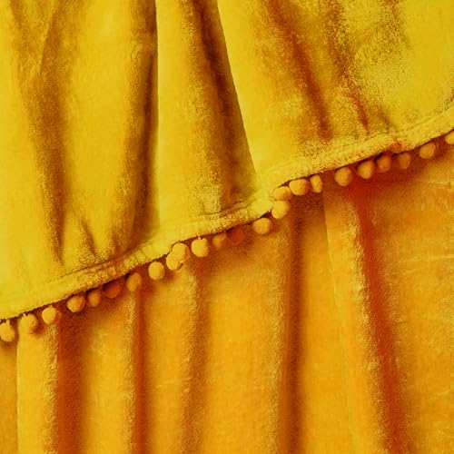 PAVILIA Fleece Throw Blanket for Couch with Pom Pom Fringe, Mustard Yellow, Soft Cozy Fuzzy Flannel Blanket for Sofa Bed, Large Lightweight Plush All Season Throw, 60x80 Inches - color: Mustard Yellow, size: 60"x80"