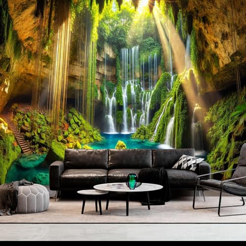 FENDROM Waterfall Tapestry Tropical Forest Mountain Sunset Cave Stone Wall Hanging Scenic Rainforest Landscape Nature Sunrise Headboard for Bedroom Living Room Home Decor - color: Cave, size: 90"L x 71"W