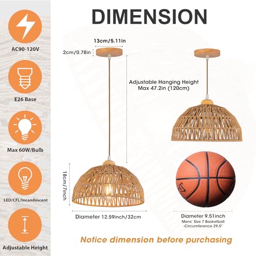 Boho Pendant Light Fixture Kitchen Chandelier Rattan Hanging Light Flush Mount Ceiling Light Boho Lamp Shade Wooden Base Bohemian Chandeliers for Hallway Bedroom Chandelier Dinning Light Fixture - color: Brown-Pendant light