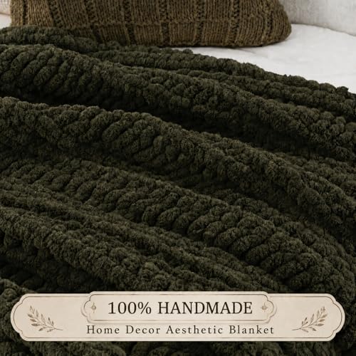 Battilo Chunky Knit Throw Blanket for Couch, Hand Made Chenille Throw Blanket, Super Soft Warm Cozy Olive Green Blanket for Bed, Sofa, Living Room, 50"x60" - color: Olive Green
