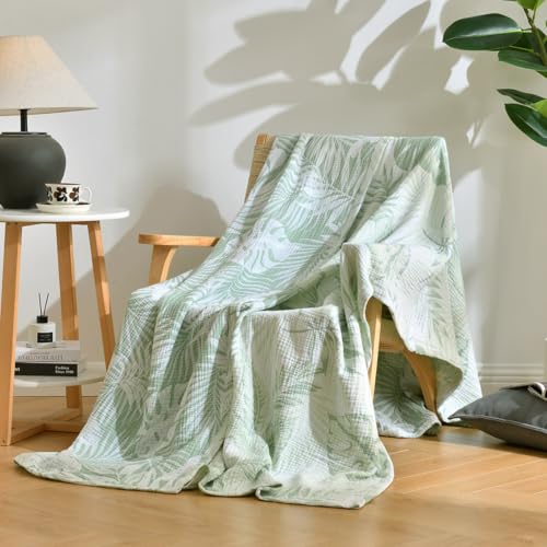 100% Cotton Muslin Throw Blanket Queen 90"x92", Vintage Indoor and Outdoor Use, Reversible and Breathable Fabric for Yard Picnics, Bedding or Chair Cover, Green Leaves - color: Root={'value': "['Green']"}, size: \'Queen (90" x 94")\'