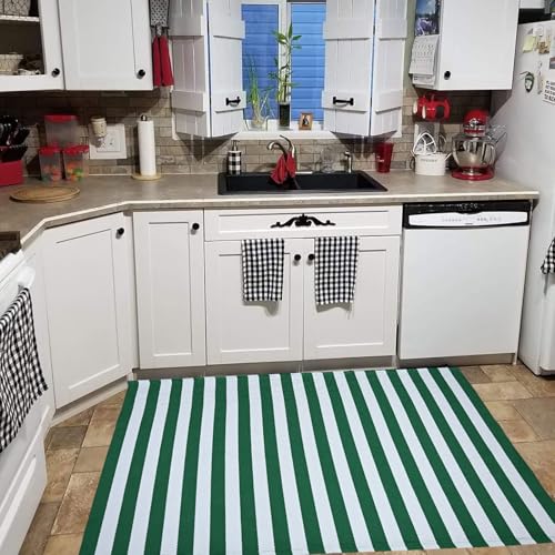 St. Patrick's Day Striped Outdoor Rug Green and White Spring Door Mat 3' x 5' Layered Welcome Mat for Farmhouse Spring Easter Front Porch Entryway Decor - color: Green and White, size: 3' x 5' (Rectangular)
