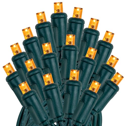 Novelty Lights 25ft 50 LED Amber Christmas Lights Outdoor/Indoor, 6" Spacing, Green Wire String Lights for Festive Xmas Lighting, IP55, UL Listed, Dimmable, Connectable - color: Amber