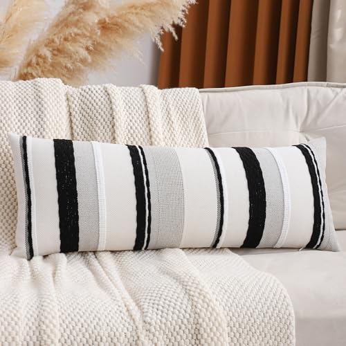 14x36 Pillow Cover Boho Lumbar Throw Pillow Cover Long Body Decorative Pillow Case Accent Chenille Striped Pillowcase Farmhouse Cushion Case Black and White (1 Piece) - color: Black Stripe1, size: 36" x 14" (Pack of 1)