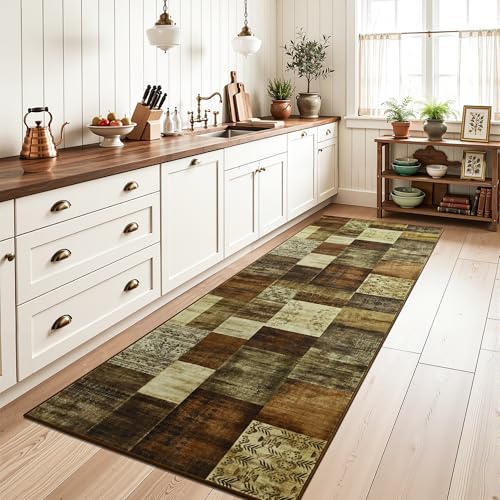 Tepook Modern Runner Rug for Living Room, 2x6 Washable Rugs for Bedroom Hallway, Geometric Patchwork Runner Rug Non-Slip Indoor Throw Carpet for Entryway Kitchen Office Home Decor, Brown - color: Brown, size: 2 X 6 Feet