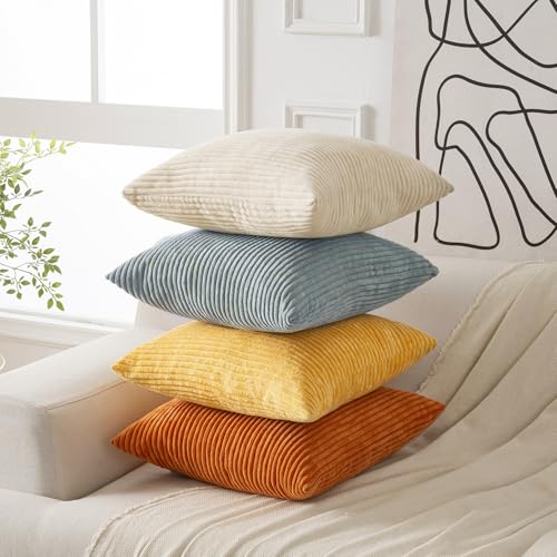 Volcanics Set of 4 Orange Teal Corduroy Decorative Couch Throw Pillow Covers 20x20 Inch, Modern Farmhouse Double-Sided Striped Cushion Cases, Soft Boho Square Accent Pillow Covers for Fall Home Decor - color: Orange Teal, size: 20" x 20" (Pack of 4)