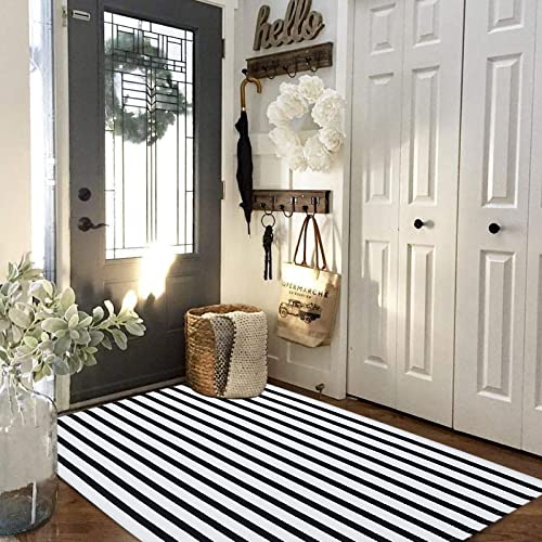 Black and White Outdoor Rug 35.4" x59" Front Porch Rug Door Mat Washable Farmhouse Layered Door Mats Cotton Hand-Woven Welcome Mats Throw Carpet for Entryway/Home Entrance/Laundry Room - color: Black&white Stripe C, size: 3' x 5' (Rectangular)