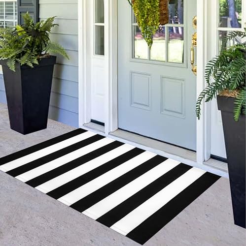 Striped Outdoor Rug 24"x51",Cotton Woven Washable Black and White Front Door Mat Farmhouse Layered Door Mats Throw Rugs for Porch/Bedroom/Home Entrance Decor - color: Black White, size: 2' x 4'3" (Rectangular)