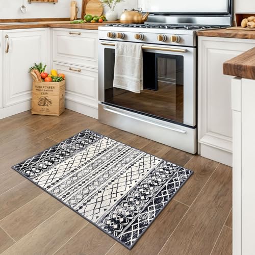 KUTA Moroccan Area Rugs 2x3, Black Navy Blue Entryway Rug Non-Slip Washable Small Indoor Door Mat, Ultra Soft Print Vintage Geometric Low-Pile Floor Carpet for Entrance, Kitchen - color: Beige/Black Navy Blue, size: 2' x 3' (Rectangular)