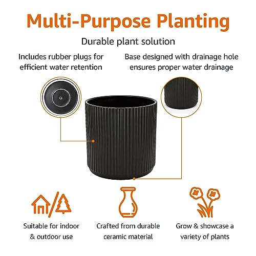 Amazon Basics Fluted Ceramic Planter Pot for Indoor Outdoor Plants, Round Flower Pot with Drainage Hole, 10-inch, Black - color: Black, size: 10-Inch
