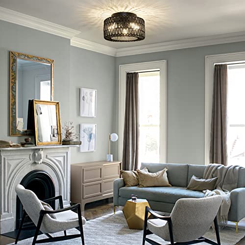 Rattan Light Fixtures Ceiling Mount, 3-Lights Boho Flush Mount Ceiling Light, Hand-Woven Cage Shade Lamp Lighting, Rustic Rattan Chandelier for Hallway Bedroom Kitchen Farmhouse Foyer Entryway (Black) - color: Black, size: Small