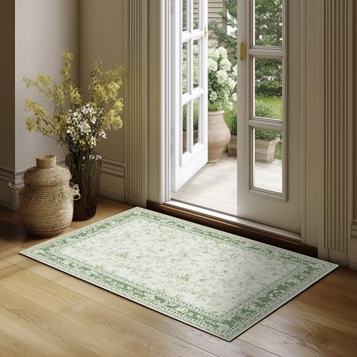 Small Green Rugs 2x3 Sage Green Kitchen for Entryway, Soft Washable Floral Sketch Printed Non-Slip Kitchen Mat, Low-Pile Indoor Bathroom Farmhouse Carpet for Entrance Cottage Boho Farmhouse - color: Sketch Floral Sage Green, size: 2' x 3' (Rectangular)