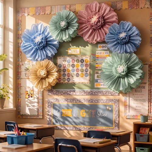 Giegxin 6 Pcs 31.5", 24" Boho Giant Paper Flower Morandi Back to School Bulletin Board Decoration Large Green Blue Classroom Tissue Flower for Wall DIY Nursery Photo Backdrop First Day of School Party - color: Pink,Green,Yellow,Blue, size: 31.5", 24"