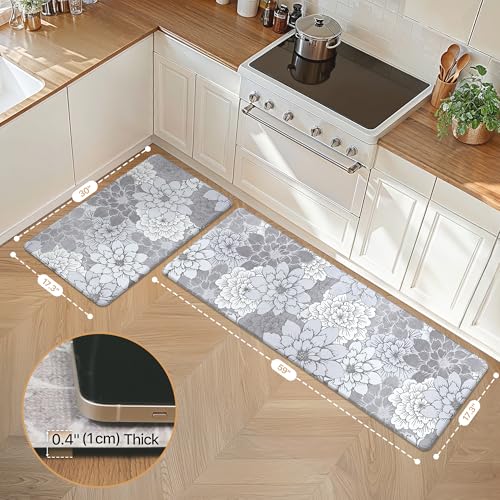 GENIMO Kitchen Mats for Floor, Kitchen Rugs Non Slip Washable Sets of 2, Waterproof Cushioned Anti Fatigue Mat, Floral Runner Rug for Laundry, Sink, Office, Home, 17.3"x59"+17.3"x30", Lavender Grey - color: Lavender Grey, size: 17.3"x59"+17.3"x30"