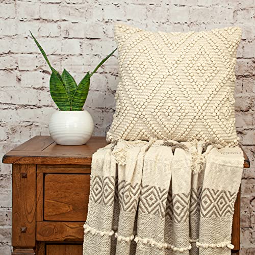 Parkland Collection LIDA 20x20 Off-White Boho Throw Pillow, Hand Woven Textured Cotton Tufted Geometric Accent Cushion with Insert
