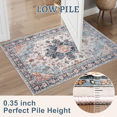Tangsoo Vintage Rug 2x3 Washable Rug for Entryway, Non Slip Small, Indoor Front Door, Print Distressed Blue/Beige Door Mat Carpet, Soft Low Pile Rugs for Entrance Kitchen Bedroom Bathroom - color: Blue/Orange, size: 2' X 3' (Rectangular)