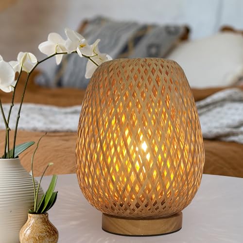 Boho Table Lamp - Small Lamps for Bedroom, Wicker lamp, Rattan Lamp, Boho Bamboo Woven Table Lamp for Bedroom Living Room Desk, 2700K T45 LED Bulb Included