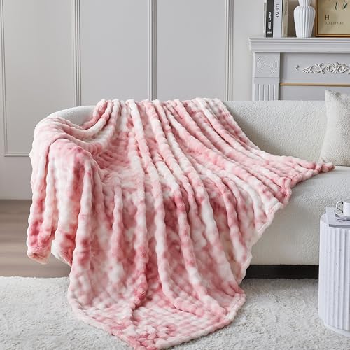 3D Bubble Plush Blanket Textured Fleece Throw Soft Warm Cozy Blanket Couch Bed Tie Dye Pink 50x60 Inches - color: Bloom Pink, size: Throw(50"x60"）