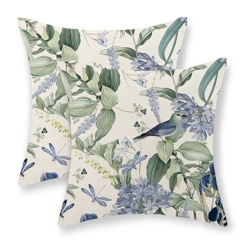 Chinoiserie Pillow Covers 16x16 Inch 2 Pcs Vintage Blue Green Floral Bird Decor Throw Pillows Flower Spring Summer Outdoor Farmhouse Decoration Pillowcase Linen Cushion Cover for Couch - color: Blue Green Chinoiserie Flower Bird, size: 16" x 16" (Pack of
