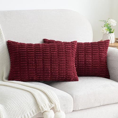 Pack of 2 Burgundy Corduroy Decorative Lumbar Throw Pillow Covers 20x12 Inch Soft Boho Striped Pillow Covers Modern Farmhouse Home Decor for Sofa Living Room Couch Bed - color: Burgundy, size: 20" x 12" (Pack of 2)