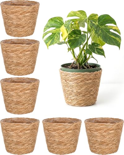 6 Pack Seagrass Planter Basket for Indoor Plants, 7 Inch Woven Plant Pot Cover with Leak-Proof Liner, Rustic Boho Flower Container for Home Decor, Organizing, and Concealing Nursery Pots