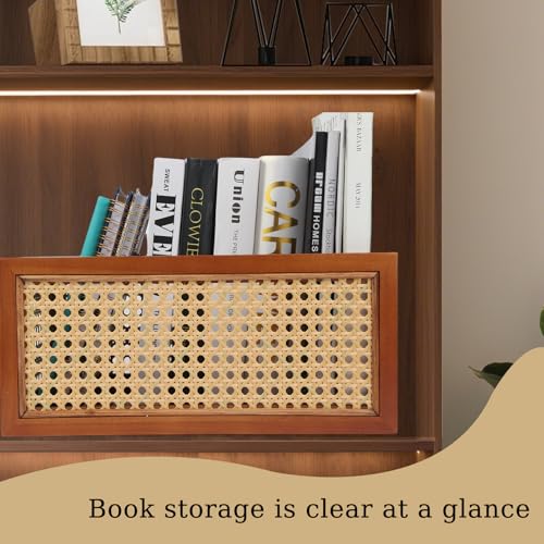 Wooden Storage Basket with Rattan Cane Webbing, Brown, Handles, Book, Office, Desktop Basket - size: Large