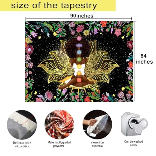 Ine Ive African Chakra Tapestry African American Woman Zen Meditation Poster Starry Sky Flower Garden Inspirational Afro Yoga Wall Art Tapestry for Bedroom Dorm Decor (90x84 inch) - size: 90"L x 84"W