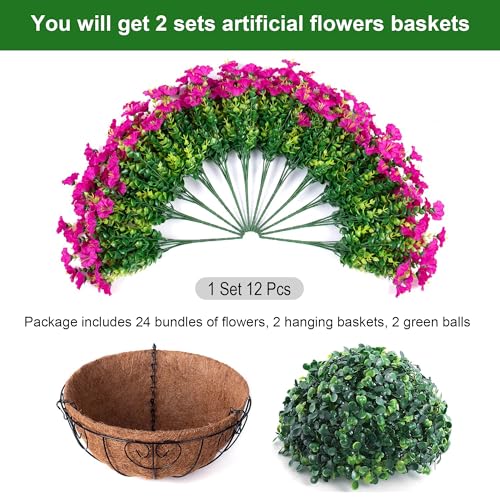 2 Set Artificial Hanging Flowers Baskets Fake Plants for Outdoors Spring Porch Decor, 24 Pcs UV Resistant Faux Silk Morning Glory Eucalyptus with 2 Hanging Planters Realistic for Outside Patio Outdoor - color: Fuchsia