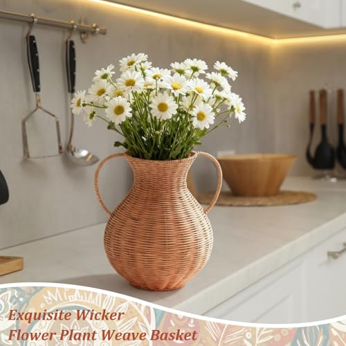 1 Pack Real Rattan Vase Woven Vase for Flower Decorative Wick AER Flower Plant Weave Basket Dark Brown Country Rustic Pastoral Style Tabletop Centerpiece for Home Decor(Classic Cylindrical) - style: Classic Cylindrical