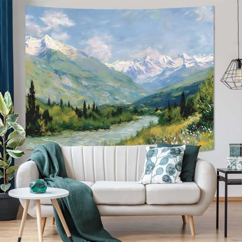 Yeoiat Tapestry Alpine Mountain River Landscape Oil Painting Wall Art Artistic Hand-Painted Look Fine Art Meadow Flowers Decor 60"x44" - color: Green Blue White, size: 60"L x 44"W