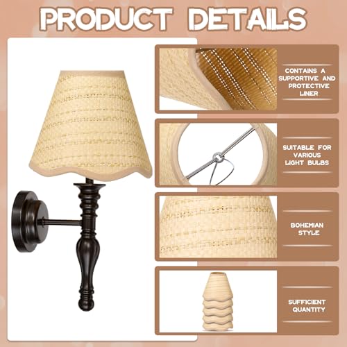 Tuanse 6 Pcs Boho Rattan Lamp Shade Scalloped Empire Shaped Clip on Chandelier Shade 3" x 6" x 5" Replacement Rustic Barrel Lighting Cover for Kitchen Dining Living Room Table Wall Chandelier - color: Beige, size: Rattan, style: Bohemian