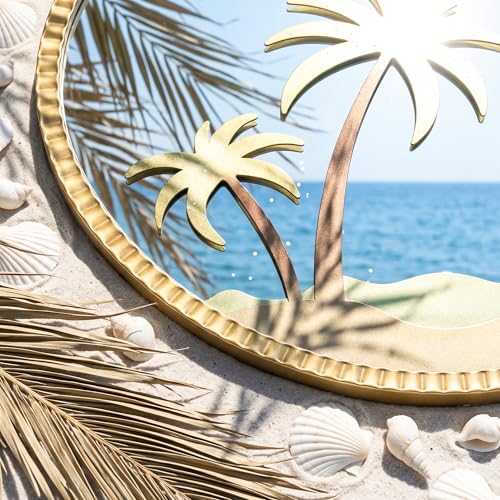 Round Gold Wall Mirror 32" – Decorative Metal Frame Wall Mirror with Tropical Coconut Tree, Beaded Coastal Accent Mirror for Living Room, Bedroom, Bathroom, Beach House - color: Coconut - 32"l X 32"w