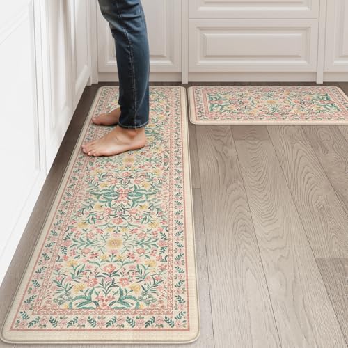 Collive Anti Fatigue Mats for Kitchen Floor, Cushioned Spring Kitchen Mat Comfort Waterproof Padded Sink Rugs Non Slip, Boho Floral Standing Rug for Office, Home Decor, 17"x30"+17"x59", Pink - color: Pink, size: 17.3"x59"+17.3"x29"