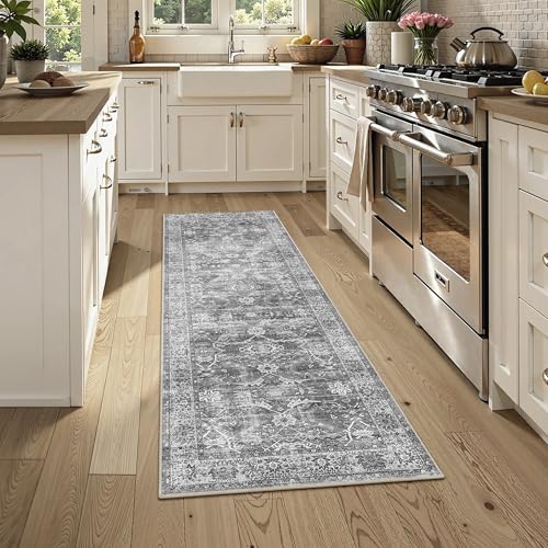 Grey Vintage Washable Runner Rugs for Hallway Kitchen Boho Laundry Rug Low Pile Non-Slip Retro Distressed Accent Throw Carpet for Entryway Bathroom Bedroom - color: Grey, size: 2'*6'(Runner)