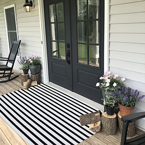 Black and White Outdoor Rug 35.4" x59" Front Porch Rug Door Mat Washable Farmhouse Layered Door Mats Cotton Hand-Woven Welcome Mats Throw Carpet for Entryway/Home Entrance/Laundry Room - color: Black&white Stripe C, size: 3' x 5' (Rectangular)