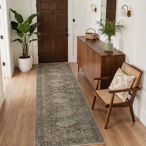 Bavni Vintage Runner Rug 2'6"x7', Distressed Oriental Hallway Carpet, Washable Low Pile Non-Slip Long Rug for Entryway, Kitchen, Bedroom, Living Room, Brown - color: Brown, size: 2'6" x 7' (Rectangular)