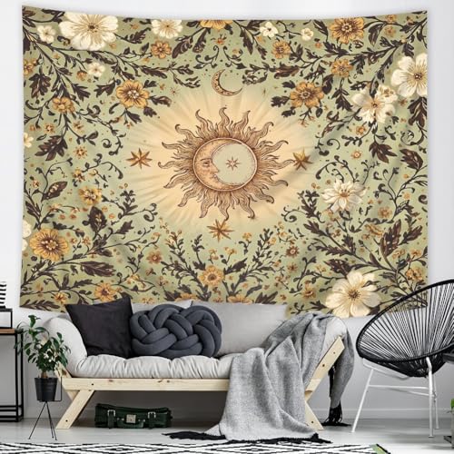 Riyidecor Boho Sun and Moon Tapestry 80Wx60H Inch Green Bohemian Retro Floral Flower Leaves Plant Botanical Vintage Hippie Rustic Wall Hanging Artistic Home Dorm Decor Art Living Room Bedroom - color: A-green, size: 60L" x 80W"