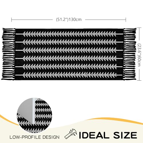 Front Porch Rug 23.6" x 51.2" Black and White Boho Herringbone Pattern Outdoor Rug Door Mat Cotton Hand Woven Rug for Front Porch Decor Washable Welcome Layered Doormat for Entryway Kitchen - color: Black Boho Herringbone Pattern Rug With Tassel