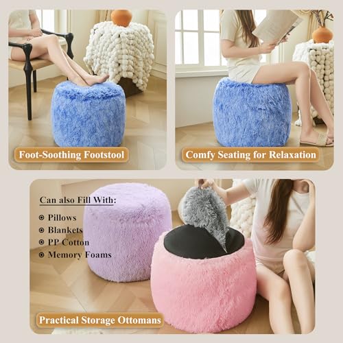XeGe Fluffy Faux Fur Inflatable Pouf Ottoman, Soft Shaggy Fuzzy Foot Stool, Plush Furry Foot Rest Floor Pouf Anti-Slip, Foldable Round Ottoman Cushion Living Room Bedroom Home Decor, Ombre Blue - color: Ombre Blue, size: 20"x20"x16"