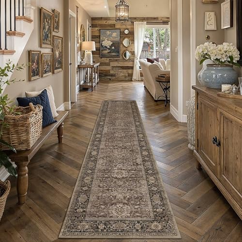 HUGEAR Brown Washable 3x10 Runner Rugs for Hallway Entryway Vintage Distressed Neutral Rug Carpet Durable Soft Non Slip & Shedding Stain Resistant Low Pile Indoor Home Decor - color: Retro | Brown, size: 3' x 10' (Runner)