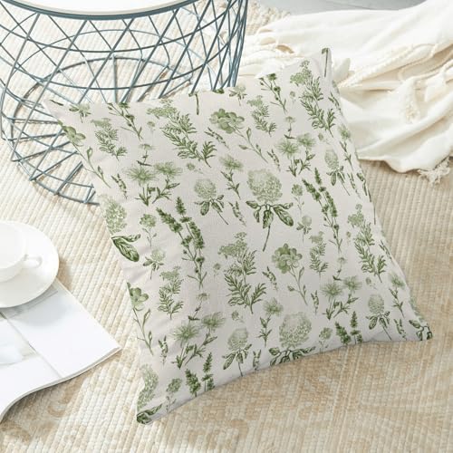 AEIOAE Sage Green Spring Pillow Covers 16x16 Inch Set of 2, Wild Flower Leaves Plant Throw Pillows Case,Seasonal Floral Outdoor Decorative Farmhouse Decor Cushion Covers for Home Sofa Bed Couch - color: Sage Green Wild Flowers, size: 16" x 16" (Pack of 2)