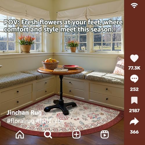 jinchan Elora Floral Corner Rug for Kitchen Washable Nursery Rug Vintage Romance Design Non Slip Quarter Circle Lightweight Low-Pile Throw Carpet for Playroom Reading Nook Office 5ft Radius, Red/Beige - color: Bloom Red/Beige, size: 5' x 5' (Corner Light