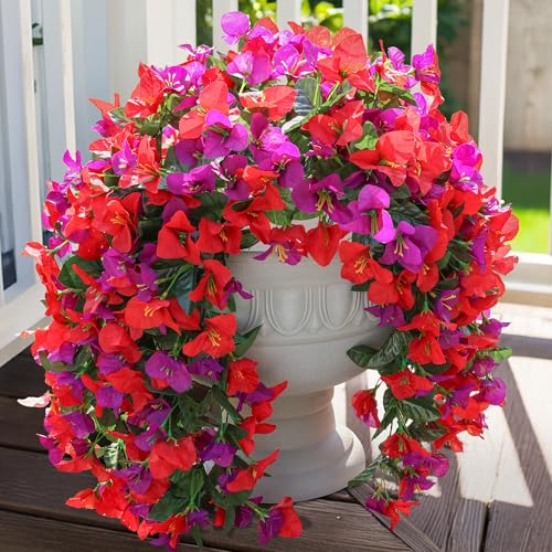 Faux Bougainvillea Artificial Flowers Plants for Outdoors Outside Decoration, 2pcs Fake Flowers Silk Long Trailing Vines UV Resistant Realistic for Front Door Porch Planter Urn Patio Balcony Yard, Mix - color: Red Purple